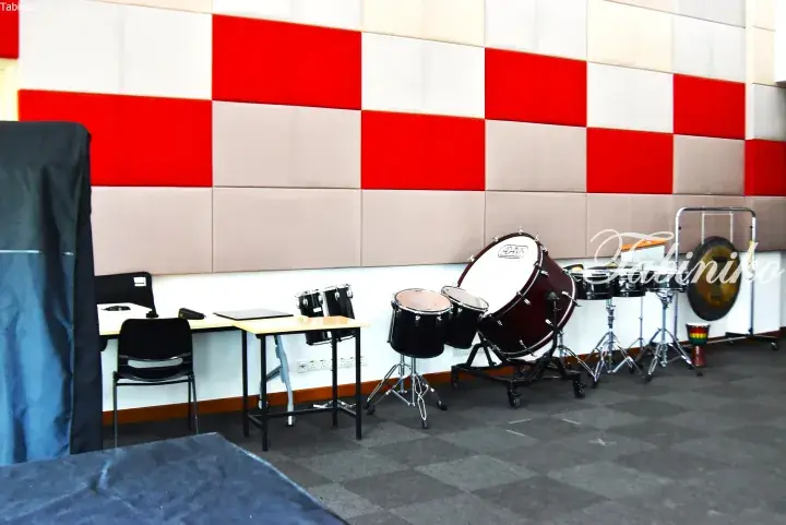 Music room with red and beige acoustic panels, featuring a bass drum, snare drums, and a gong.