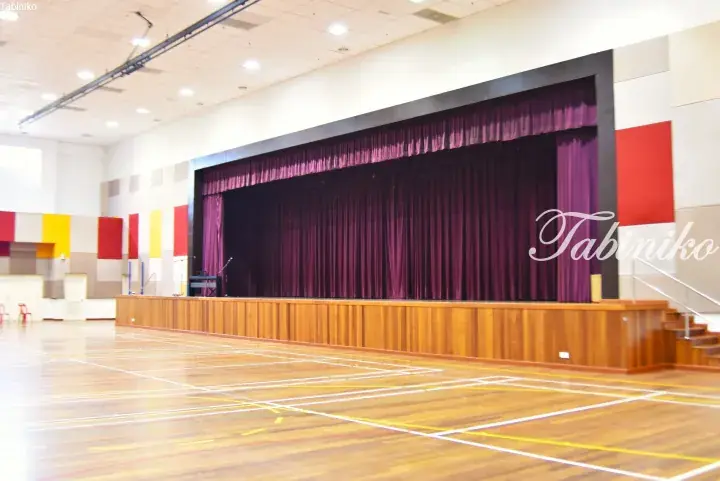Spacious school hall with wooden stage, purple curtains, and multi-sport court markings.
