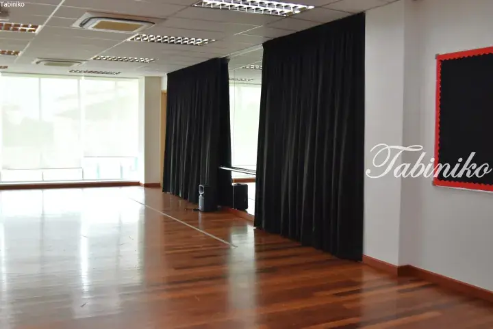 Spacious dance studio with polished wooden floors, mirrored walls, black curtains, and natural light from large windows.