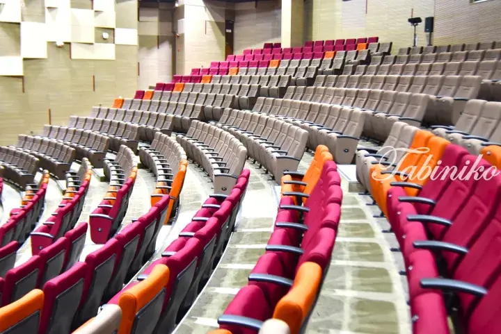 Rows of red, orange, and beige theater seats in a modern auditorium with acoustic wall panels.