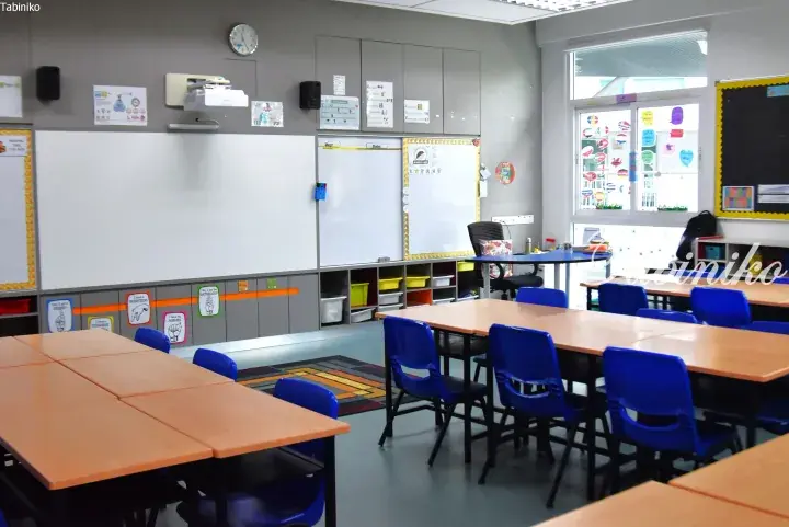 Modern classroom with wooden tables, blue chairs, whiteboards, and storage cabinets.