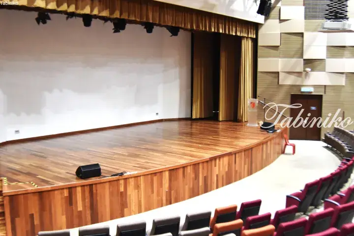 Spacious wooden stage with gold curtains and tiered seating in a modern auditorium.