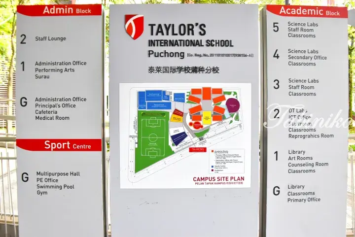 Signage for Taylor’s International School Puchong showing the campus site plan and directory for academic, admin, and sports blocks.