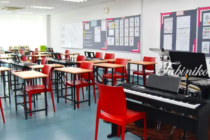 Empty music classroom with red chairs, keyboards, and musical notation posters on the wall.