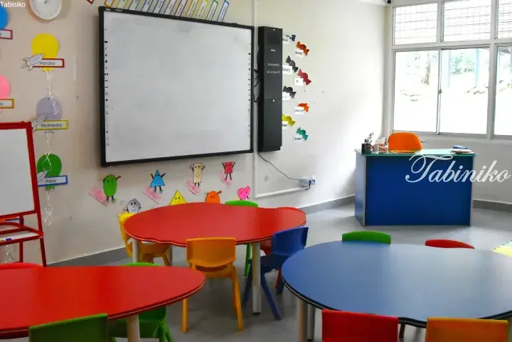 Bright preschool classroom with colorful tables, chairs, interactive whiteboard, and educational wall decorations.