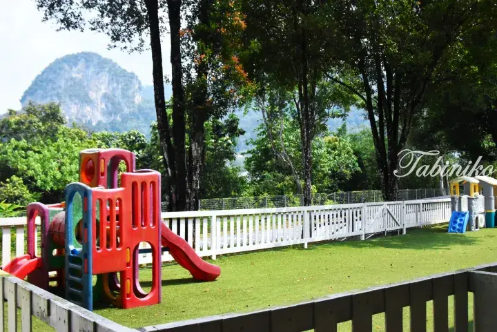 Colorful children’s playground on artificial grass with a scenic limestone hill backdrop in Malaysia.