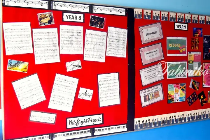 Red bulletin board displaying Year 8 Noteflight projects and Year 9 Bob Marley reggae music research.