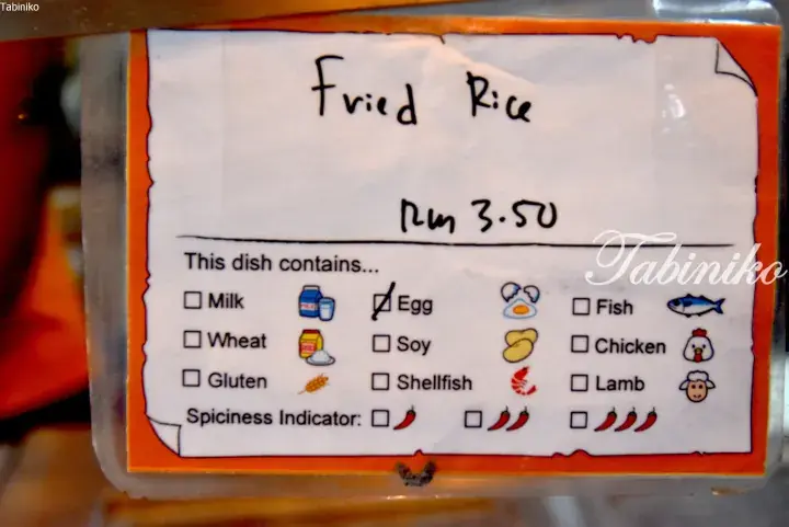 Fried Rice menu label showing RM 3.50 price and allergen checklist with egg checked in Malaysia.