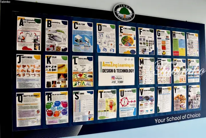 Educational display board at Tenby Schools featuring alphabet posters on design and technology topics like biomimicry and CAD.