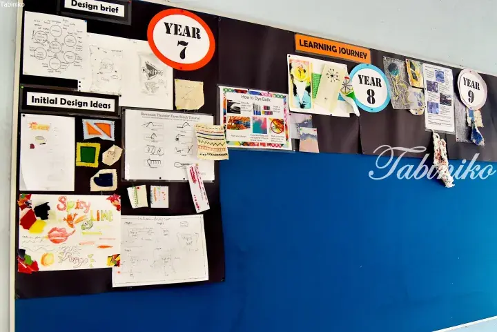 School bulletin board displaying Year 7, 8, and 9 student textile design projects, including stitch tutorials and batik dyeing instructions.