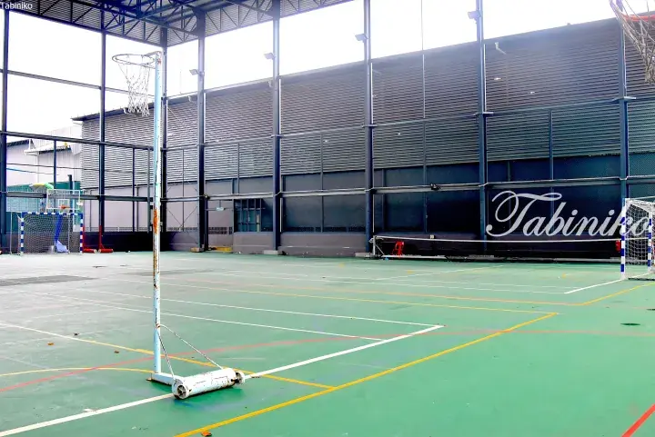 Indoor sports court with green flooring, basketball hoops, and a netted wall at a Malaysia property facility.