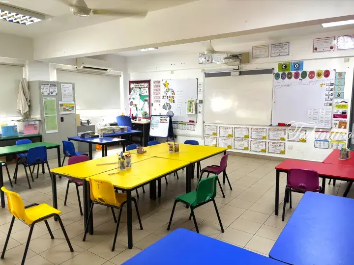 Bright primary school classroom with colorful tables and chairs, educational posters, and whiteboards.