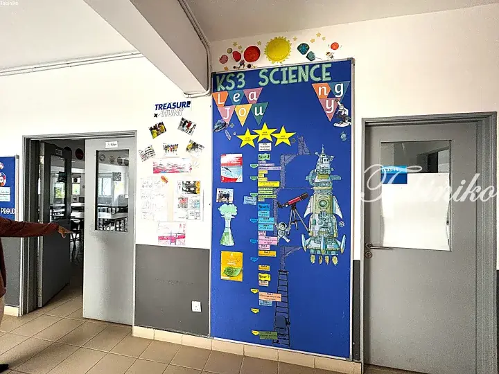 Blue KS3 Science bulletin board with rocket and space theme in school hallway.