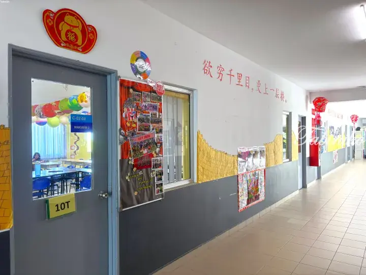 School hallway with Chinese New Year decorations and a classroom door labeled 10T Mandarin 2.