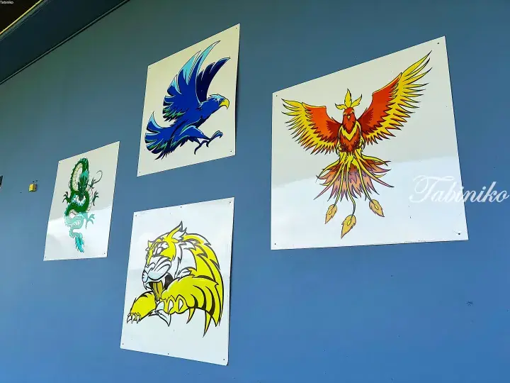Four colorful panels featuring a dragon, eagle, phoenix, and tiger mounted on a blue wall.