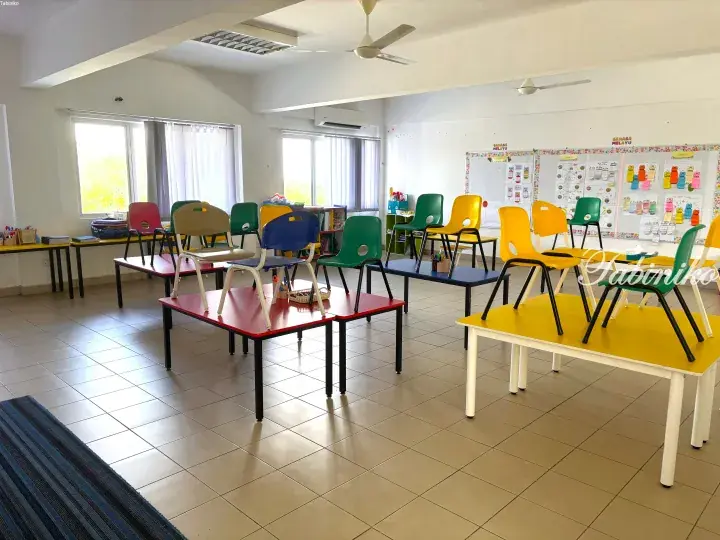 Colorful chairs stacked on tables in a bright classroom with bulletin boards and ceiling fans.