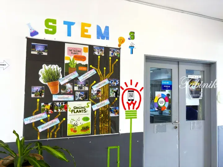 STEM classroom bulletin board featuring student projects on plants and a door to Physics Lab 2.