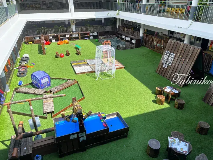 Aerial view of a modern kindergarten courtyard with artificial grass, water play area, and wooden climbing structures.