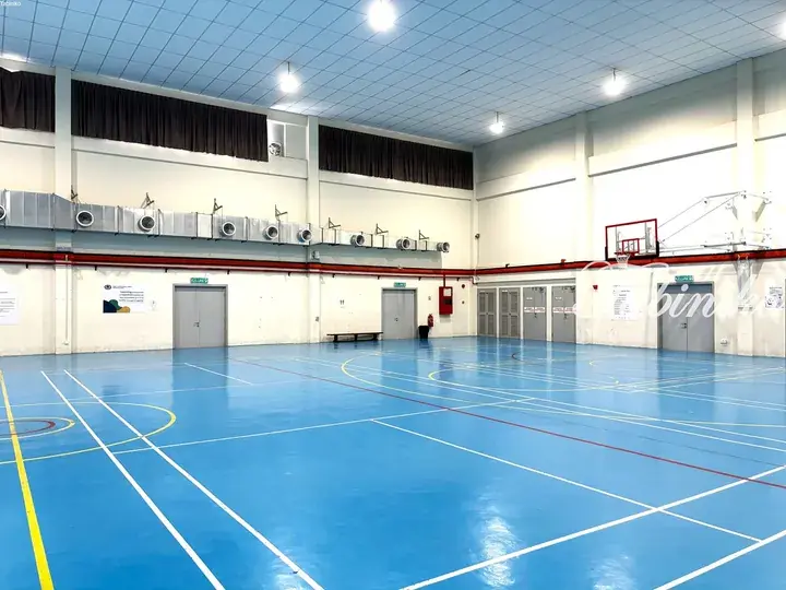 Spacious indoor sports hall with blue flooring, basketball court markings, and industrial ventilation ducts.