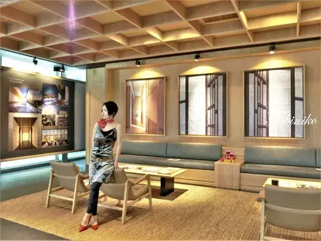 Woman in a modern lounge with wooden coffered ceiling, framed art, and built-in seating.