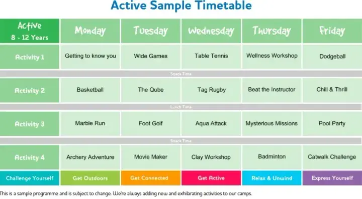 Active sample timetable for 8-12 year olds showing Monday to Friday activities like basketball, table tennis, and clay workshop.