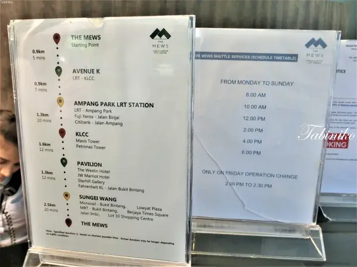 The Mews Kuala Lumpur shuttle schedule and route map showing stops at Avenue K, KLCC, Pavilion, and Sungei Wang.