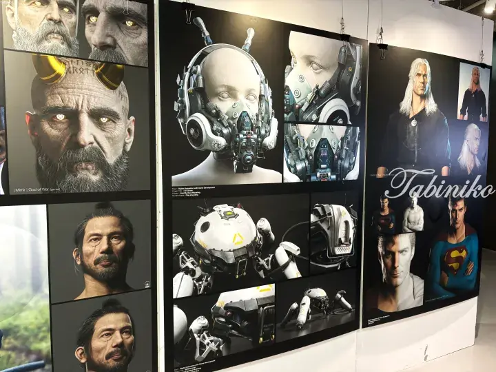 Digital art exhibition featuring character models of Mimir from God of War, Geralt from The Witcher, and Superman.