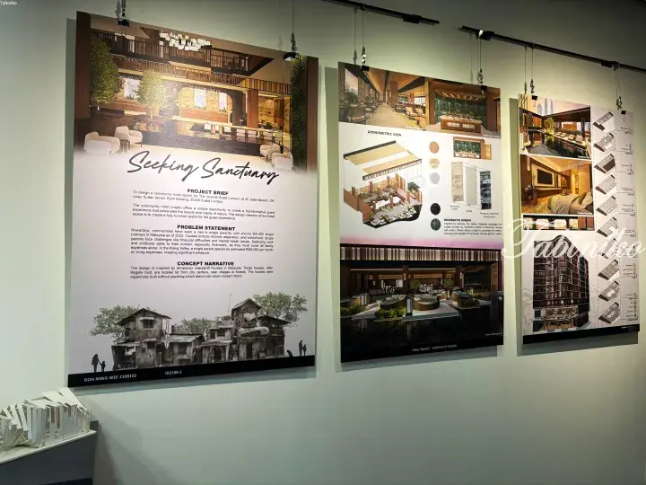 Architecture student&rsquo;s exhibition board displaying a community hotel design concept titled &lsquo;Seeking Sanctuary&rsquo; for The Journal Kuala Lumpur.