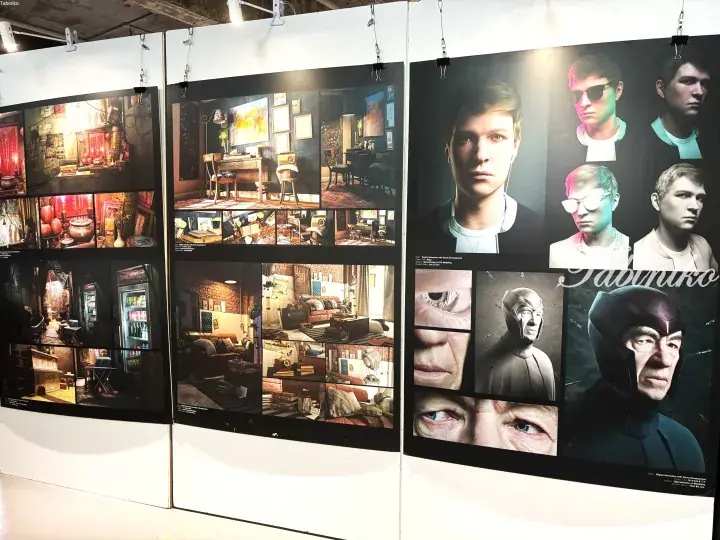 Digital art exhibition showcasing student projects on interior design and character modeling at a Malaysian gallery.