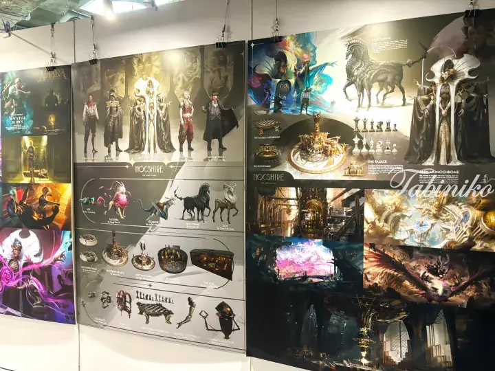 Concept art display for the fantasy world Nocshire featuring character designs, creatures, and architectural illustrations.
