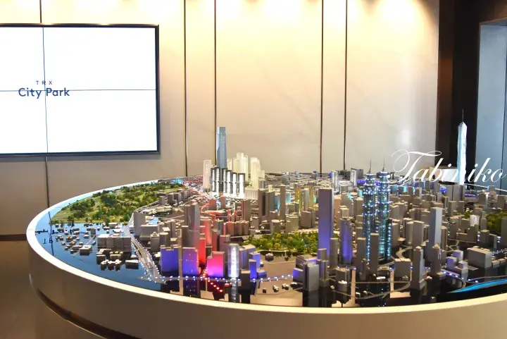 Detailed scale model of TRX City Park showcasing the Kuala Lumpur skyline and iconic Petronas Twin Towers.