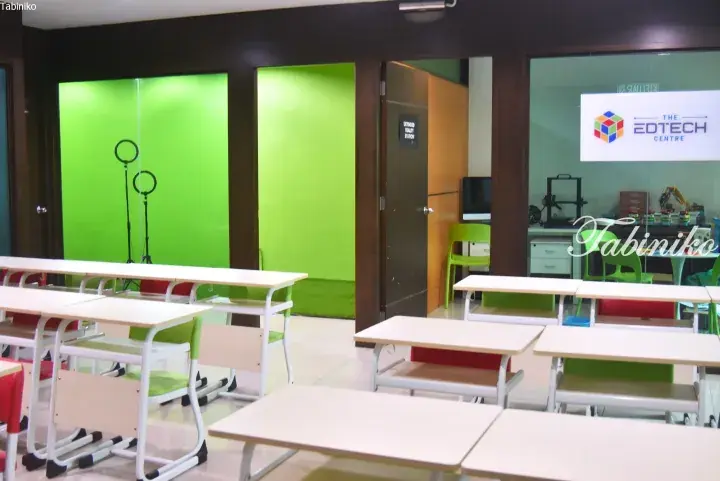 Classroom with green screens and ring lights at The Edtech Centre in Malaysia.