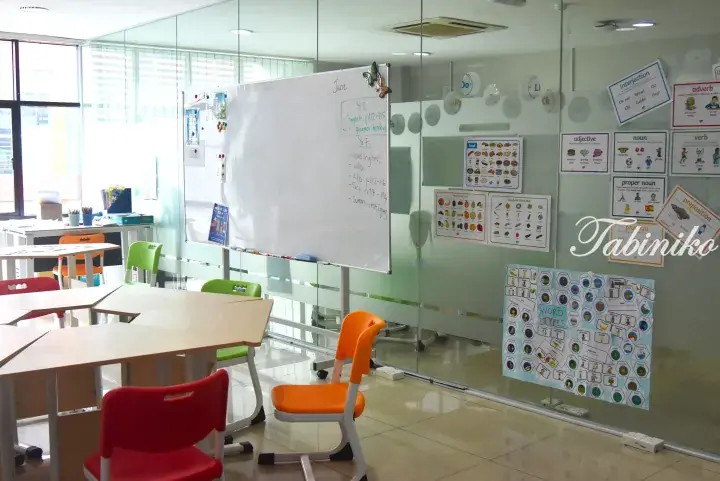 Bright classroom with colorful chairs, whiteboard, and English grammar posters on glass walls.
