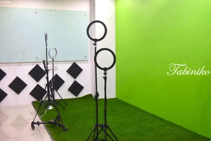 A studio setup featuring a green screen wall, artificial grass, and ring lights on stands for content creation.