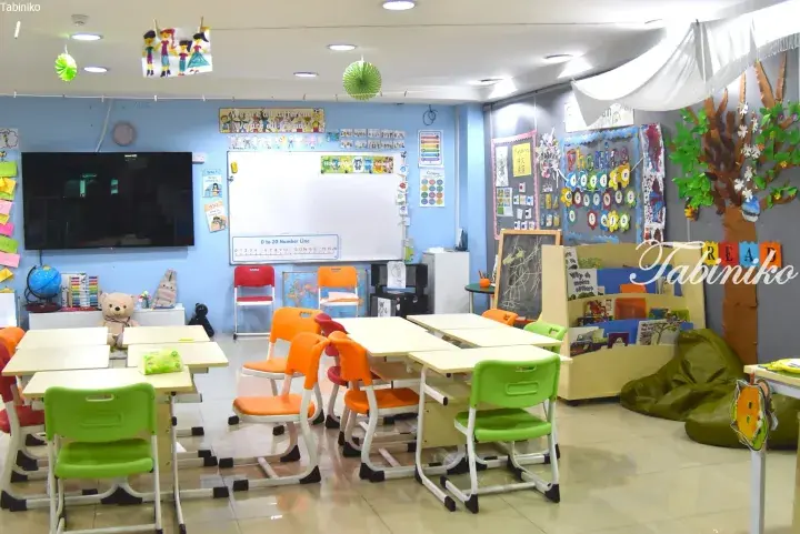 Bright classroom with colorful chairs, learning displays, and a reading corner at a Malaysia kindergarten.
