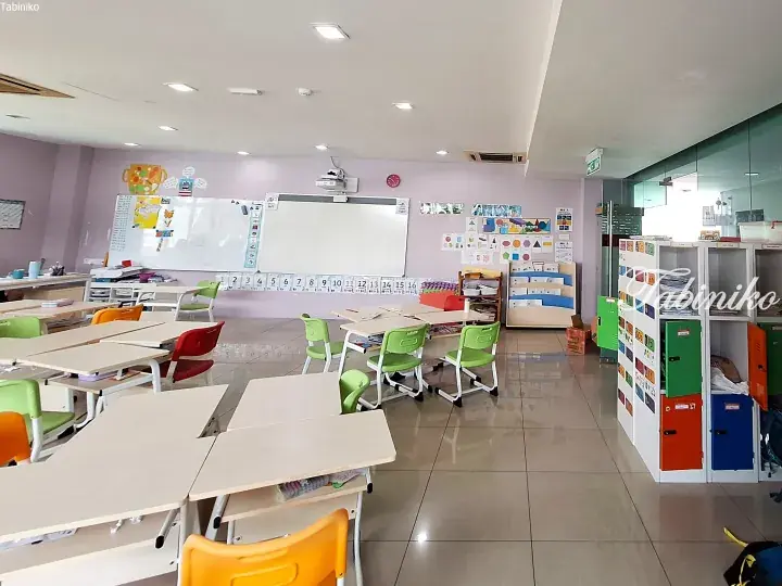 Bright primary school classroom with colorful chairs, student desks, whiteboard, and alphabet storage units.
