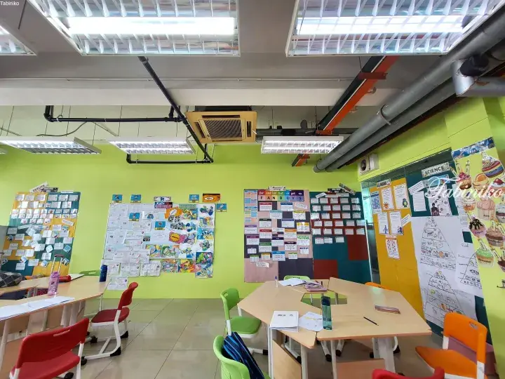 Bright classroom with lime green walls, educational posters, and colorful chairs arranged around wooden tables.