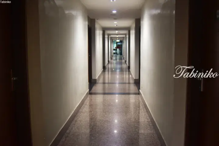 Long, well-lit hotel corridor with polished terrazzo flooring and dark wooden doors.