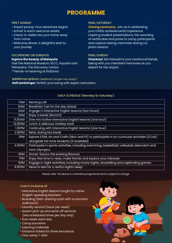 Camp programme schedule detailing daily activities, excursions in Malaysia, and inclusive costs for an English learning camp.