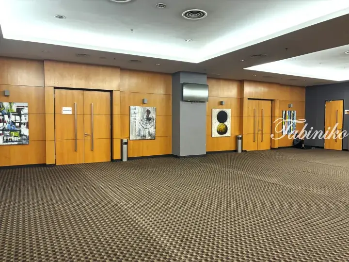 Wood-paneled hallway with abstract art and double doors leading to an auditorium.