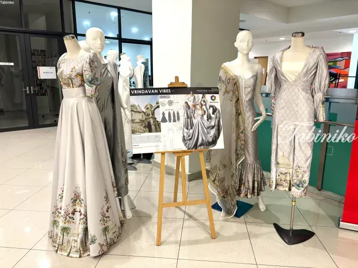 Mannequins display ‘Vrindavan Vibes’ fashion collection inspired by Indian architecture at a UNITAR design exhibition.