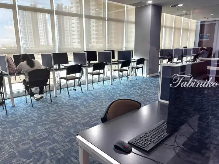 Modern co-working space with rows of computer workstations, blue patterned carpet, and large windows with blinds.