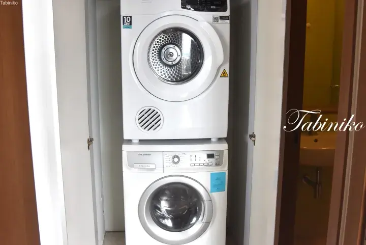Stacked white Electrolux washing machine and dryer unit in a modern apartment laundry closet.