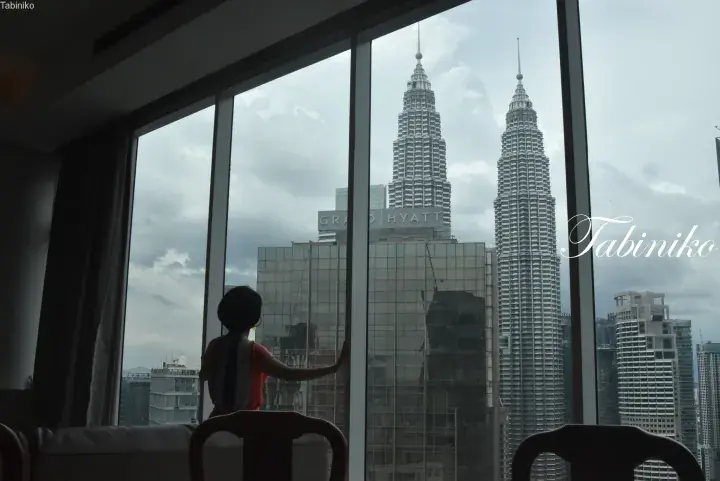 Silhouette of a person gazing out a window at the Petronas Twin Towers and Grand Hyatt Kuala Lumpur.