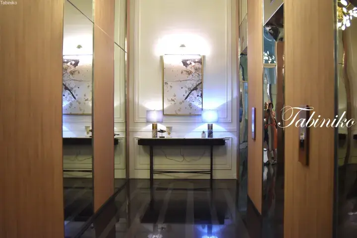 Elegant hallway with wooden paneling, mirrored walls, and a console table with artwork and lamps.