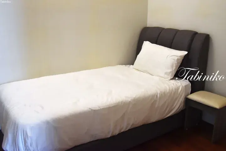 A single bed with white linens and a dark upholstered headboard in a hotel room.