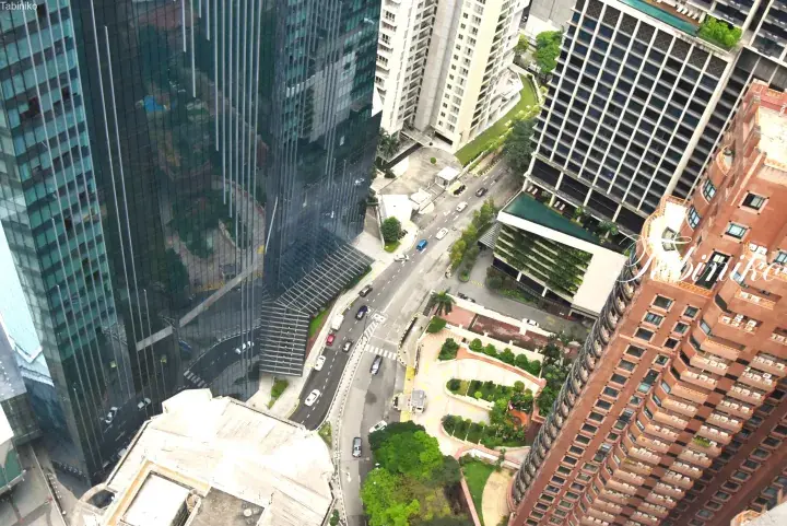 Aerial view of Kuala Lumpur’s high-rise buildings and busy streets, showcasing the city’s modern urban landscape.