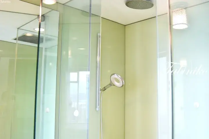 Modern glass shower enclosure with chrome fixtures and a rainfall showerhead in a bright bathroom.