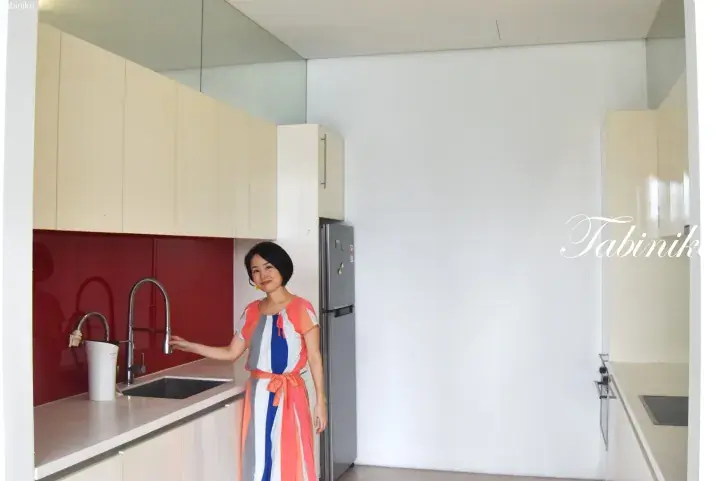 A woman in a colorful dress stands in a modern kitchen with cream cabinets, a red backsplash, and a stainless steel sink.