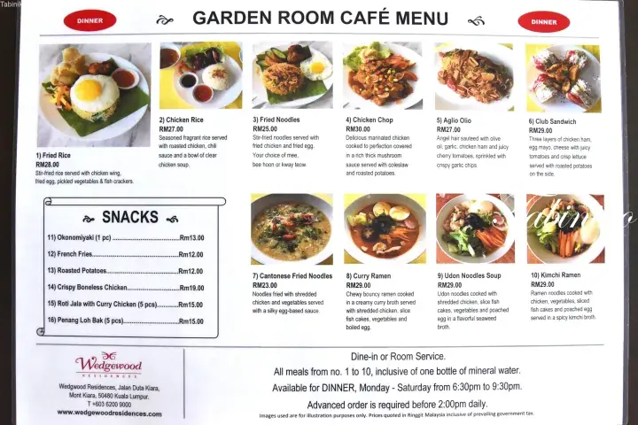 Garden Room Café menu at Wedgewood Residences featuring dinner items like fried rice and chicken chop, plus snacks.